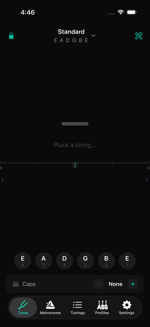 The Octave Tuner app on iPhone, showing the Standard E A D G B E tuning at the top, a Pluck a string prompt, the cents scale, the six string buttons, a capo control, and the Tuner, Metronome, Tunings, Profiles and Settings tabs.